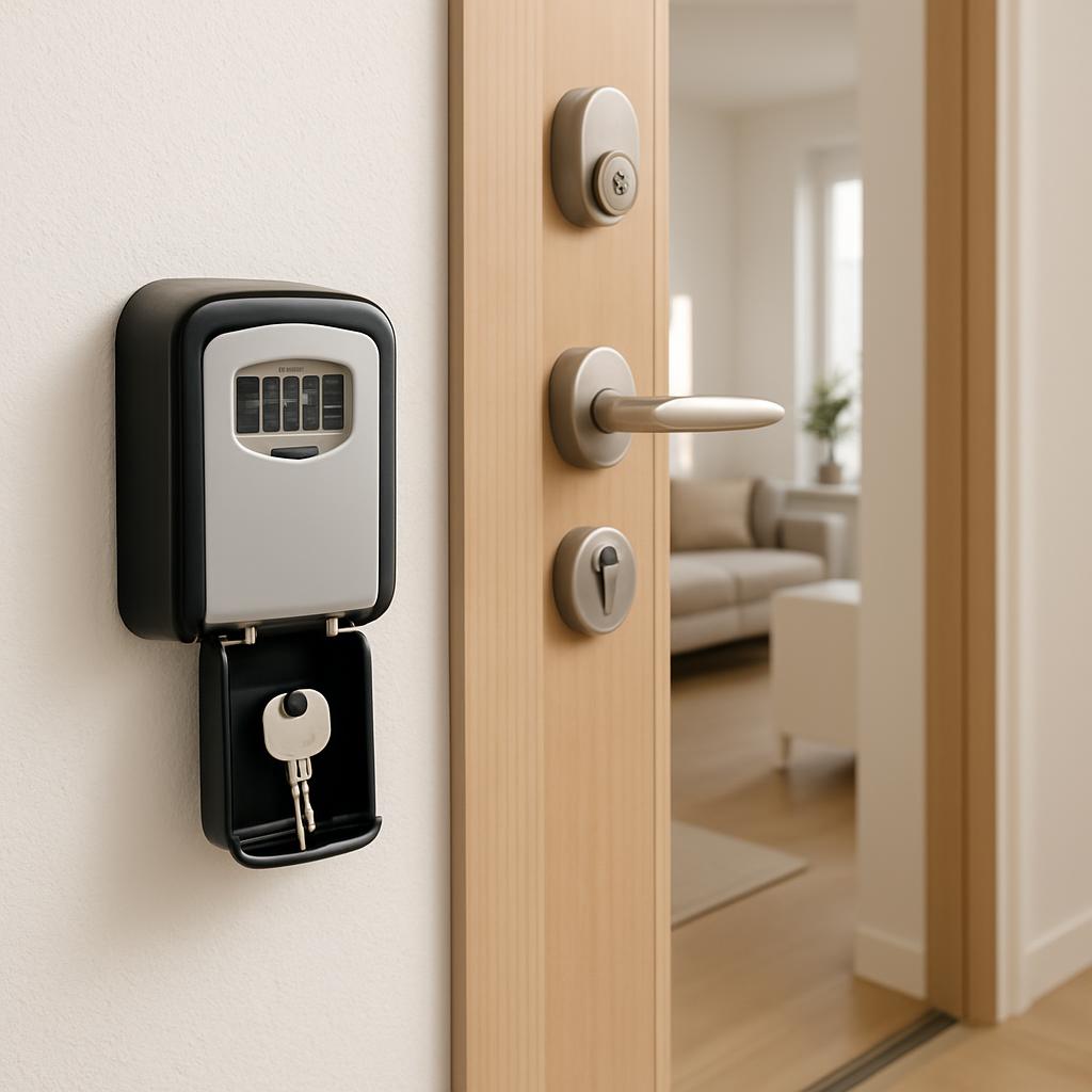 Einen Schlüsselhafen und eine Schlössertür am Brett hängend besichtigen German